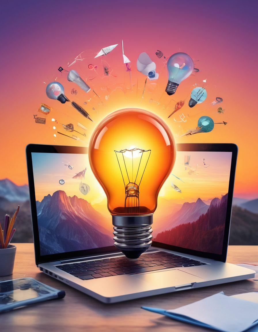 A dynamic collage showcasing a light bulb symbolizing innovative ideas, surrounded by vibrant content creation tools like a laptop, camera, and notepad. In the background, a digital landscape representing blog growth, like upward arrows and social media icons, merges seamlessly into an inspiring sunrise. The color palette should be bright and energizing to reflect creativity and progress. super-realistic. vibrant colors. digital art.