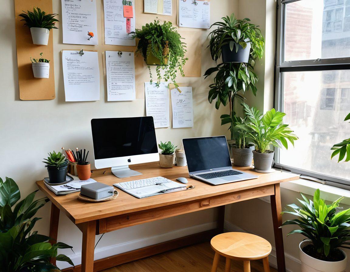 A serene workspace featuring a wooden desk with a laptop, open notebooks, and a steaming cup of coffee. Surrounding the desk, vibrant plants and a sunlight-drenched window create an inviting ambiance. In the background, creative sketches and inspirational quotes on a bulletin board. Artistic elements like a flow of colorful words and ideas swirling around, representing creativity and engagement. super-realistic. warm color tones. vibrant elements.