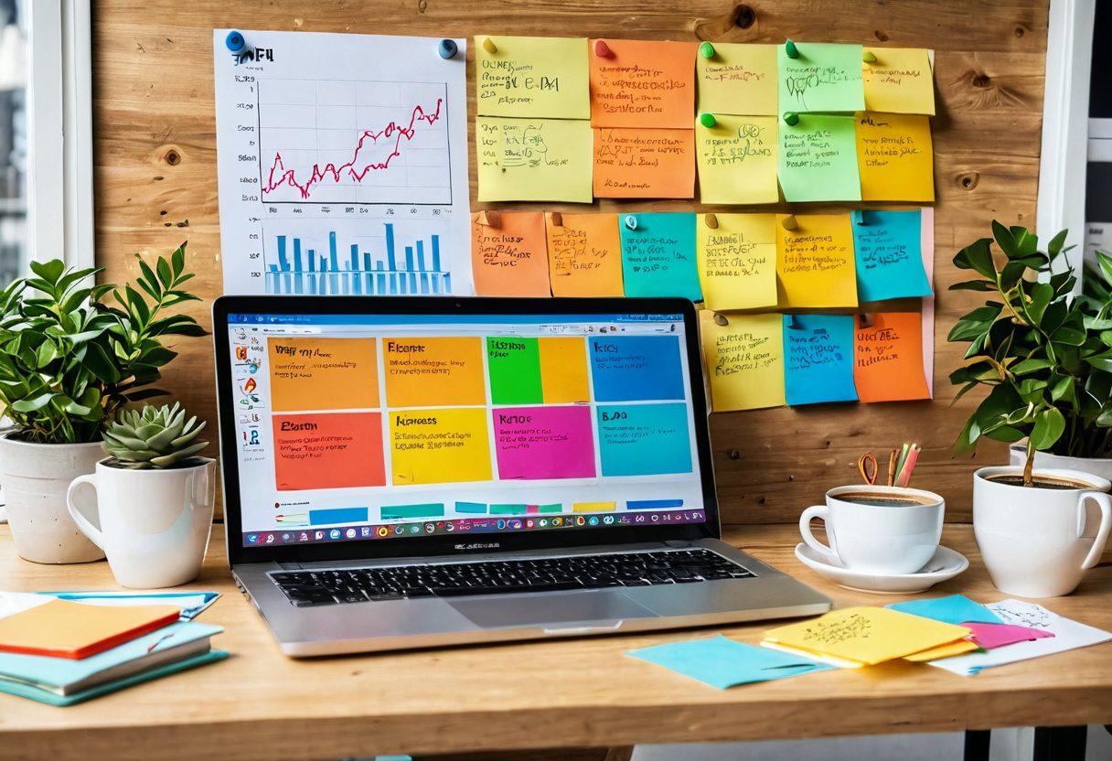 A dynamic workspace with a laptop open to a vibrant SEO dashboard, colorful graphs depicting growth, sticky notes with marketing tips scattered around, a coffee cup steaming beside it, and a motivational quote on the wall. The atmosphere is bright and energetic, inviting productivity. super-realistic. vibrant colors.